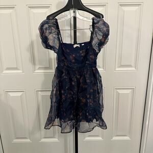 Altar’d State Navy Blue Size Medium Floral Sheer Sleeves Ruffle Mini Dress